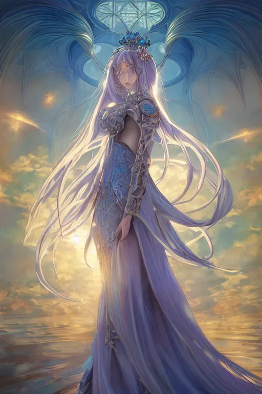 Prompt: breathtaking detailed anime painting of a knight queen with long flowing blue hair, pastel flower petals flying, at dawn in front of a pristine golden art nouveau cathedral, art by pilyeon, elegant, volumetric lighting, highly detailed, artstation, concept art, matte, sharp focus,