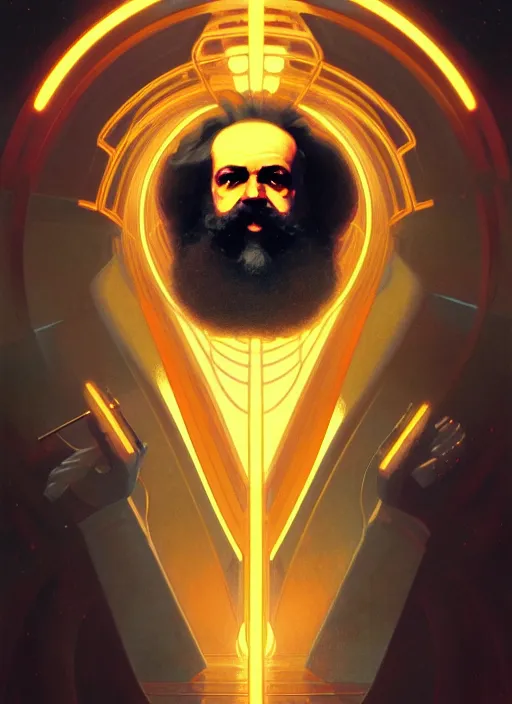 Image similar to symmetry!! portrait of karl marx, sci - fi, glowing lights!! intricate, elegant, highly detailed, digital painting, artstation, concept art, smooth, sharp focus, illustration, art by artgerm and greg rutkowski and alphonse mucha, 8 k