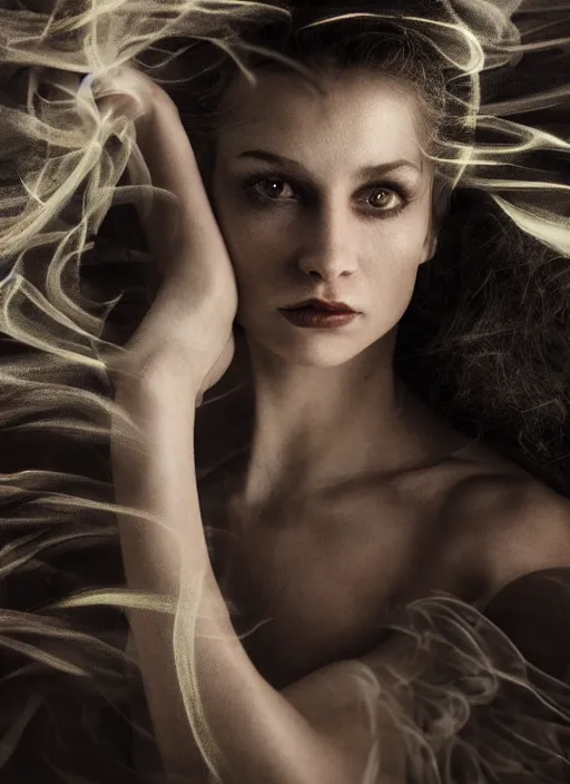 Prompt: a photorealistic dramatic hyperrealistic render photography of a glamorous beautiful female dancer by ken brower and deborah ory of nyc dance project, lois greenfield, lord of the rings, neon, flowing cloth and smoke, beautiful dynamic dramatic dark moody lighting, beautiful intricate face, volumetric, shadows, artgerm, alphonse mucha, cinematic atmosphere, octane render, 8 k