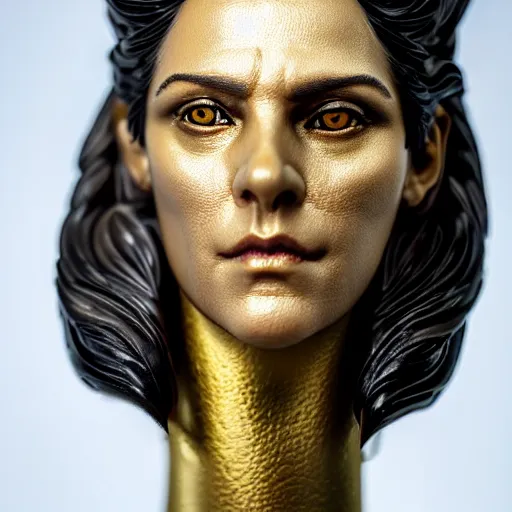 Image similar to photo taken of an epic intricate, ultra detailed, super realistic bust of a majestic gracious regal aristocratic brunette female vampire created by weta workshop, menacing, some zoomed in shots, photorealistic, sharp focus, white wall, extremely cold blueish colour temperature, 3 5 mm, f 1. 4, golden ratio