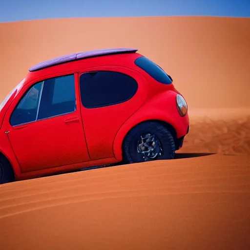 Image similar to a ladybug car driving through the sahara desert, bold natural colors, national geographic photography, masterpiece, full shot