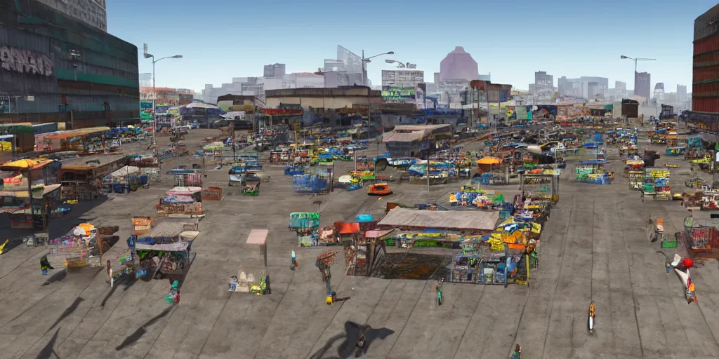 Image similar to market la terminal in guatemala city if it was a game like grand theft auto v first person view, with realistic visuals and award winning gameplay, graffitis