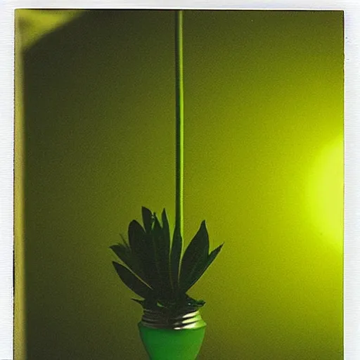 Image similar to a glowing lightbulb, a green plant inside, polaroid photo, surreal,