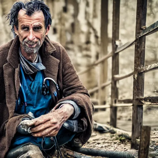 Image similar to A feral and dishevelled doctor in his natural habitat. He is in his forties and wearing a dirty worn out doctor\'s coat. 4K, National Geographic photograph