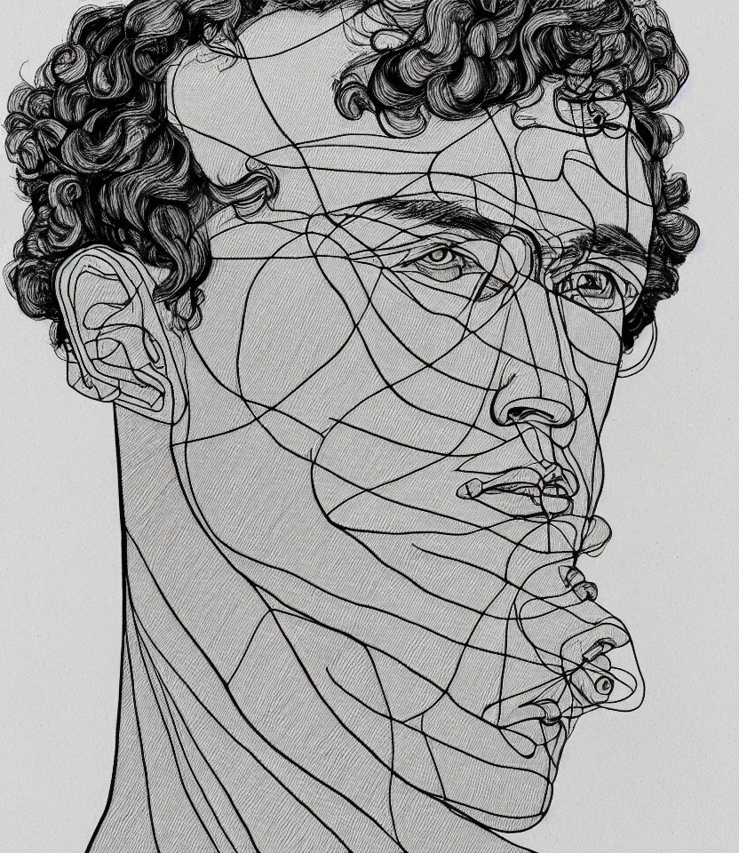 Image similar to detailed line art portrait of johannes eckehart, inspired by egon schiele. caricatural, minimalist, bold contour lines, musicality, soft twirls curls and curves, confident personality, raw emotion