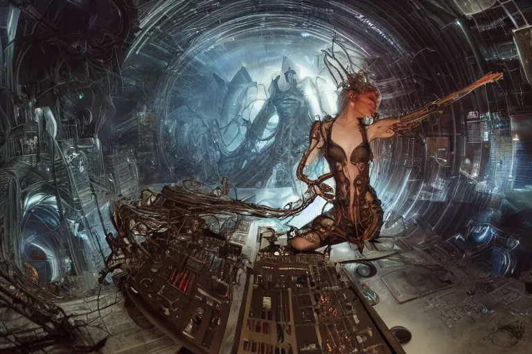 Image similar to a dynamic photo of a post apocalyptic angelic cyborg dj tweaking and playing synthesizers in the most complicated and technical spiral fractal musical studio, powerful, cinematic, beautifully lit, by donato giancola, by artgerm, by karol bak, 3 d, perfect face and body, trending on artstation, octane render, 8 k