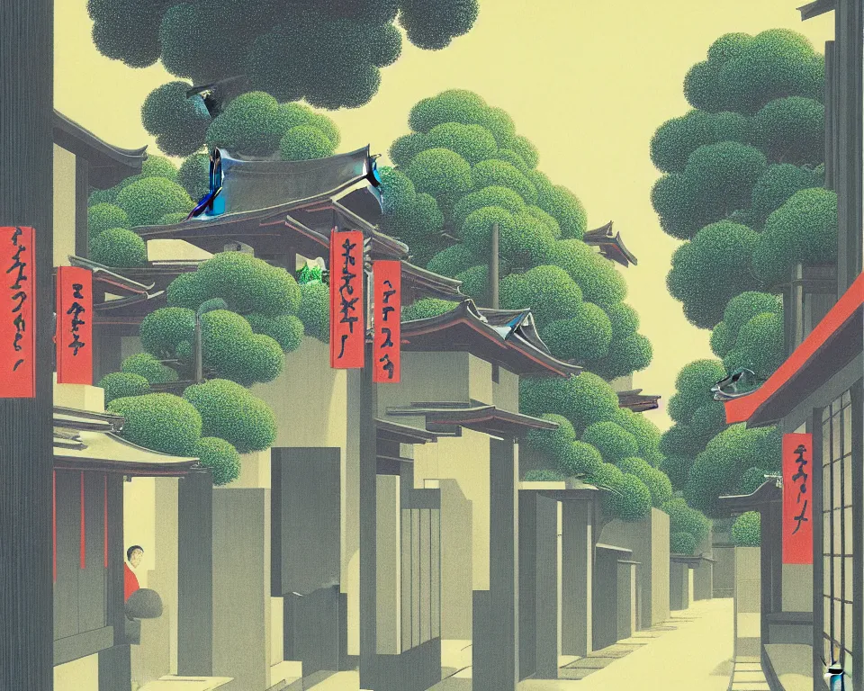 Image similar to an achingly beautiful print of a quiet street in Kyoto Japan with temples and plants, by Raphael, Hopper, and Rene Magritte. detailed, romantic, enchanting, trending on artstation.