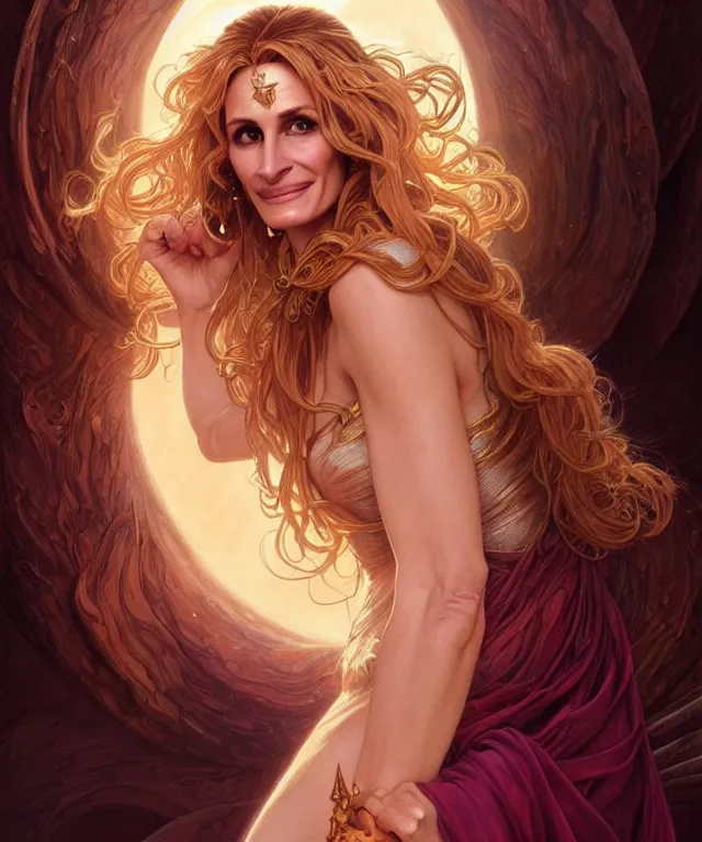 Image similar to Julia Roberts as a fantasy magic woman portrait, sci-fi, amber eyes, face, long hair, fantasy, intricate, elegant, highly detailed, digital painting, artstation, concept art, smooth, sharp focus, illustration, art by artgerm and greg rutkowski and alphonse mucha