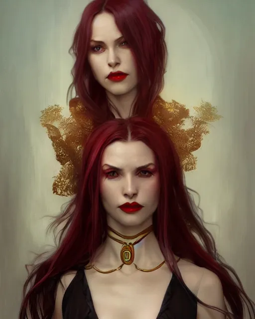 Image similar to female vampire, perfect face, gold waistcoat, red shirt, long grey hair, red necktie, cinematic, stunning, highly detailed, digital painting, artstation, smooth, hard focus, illustration, art by artgerm and greg rutkowski and alphonse mucha