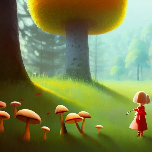 Image similar to goro fujita ilustration girl picking mushrooms in the forest, painting by goro fujita, sharp focus, highly detailed, artstation