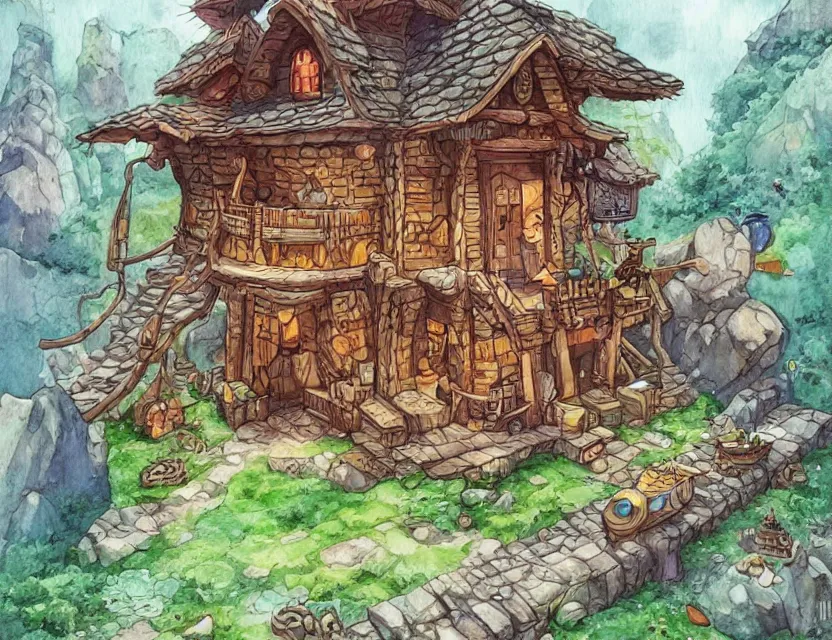 Image similar to cute and funny, a magicians cabin carved into a mountain, centered award winning watercolor pen illustration, isometric illustration by chihiro iwasaki, edited by range murata, tiny details by artgerm and watercolor girl, sharply focused