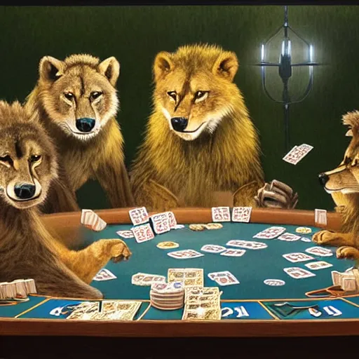 Prompt: a gang of lions, wolves and raccoons playing poker at night