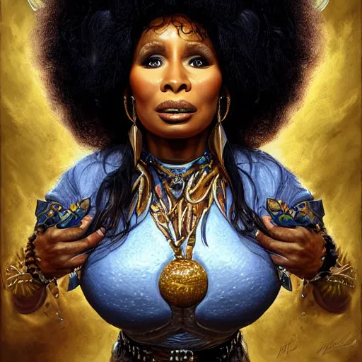 Prompt: digital painting of chaka khan by filipe pagliuso and justin gerard, symmetric, fantasy, highly, detailed, realistic, intricate
