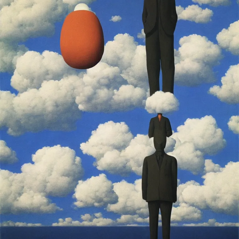 Image similar to cloud - man, by rene magritte, centered, detailed painting, hd, hq, high resolution, high detail, 4 k, 8 k