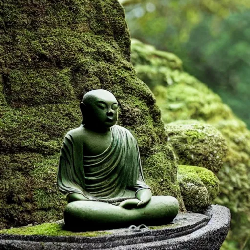 Image similar to a moss covered stone statue of a meditating buddhist monk, moist, lush, raining, by john atkinson grimshaw, trending on artstation