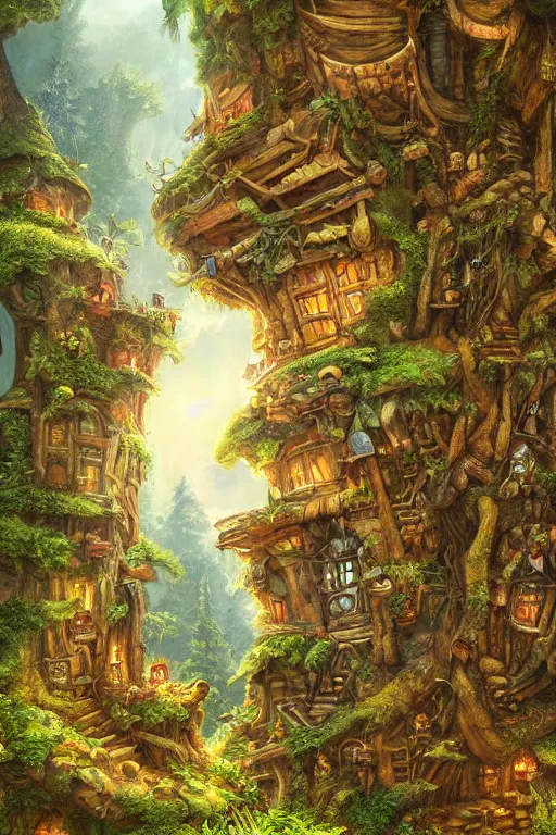 Prompt: a miniature city built into the trunk of a single colossal tree in the forest, with tiny people, in the style of justin gerard, lit windows, close - up, low angle, wide angle, awe - inspiring, highly detailed digital art