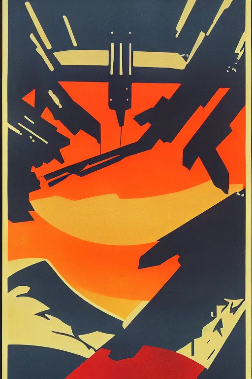 Image similar to soviet propaganda poster of a sound synthesizer in the sunset