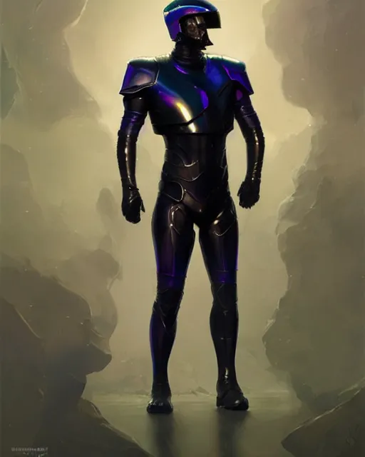 Prompt: character art of iridescent sinewy smooth muscular male sleek glossy indigo black pearlescent scifi armor with smooth black featureless helmet, by greg rutkowski, mark brookes, jim burns, tom bagshaw, magali villeneuve, trending on artstation