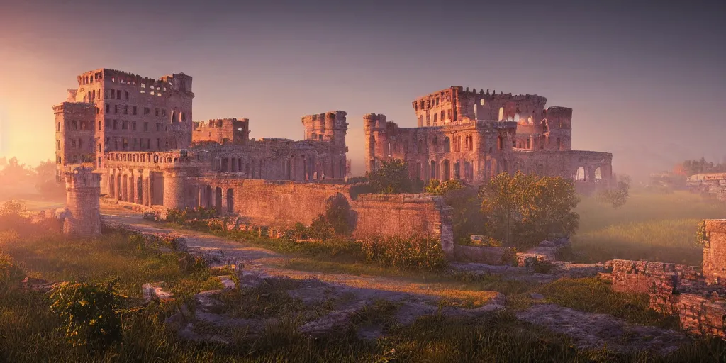 Prompt: a highly detailed photo of an ancient roman castle surrounded by a mist shot during sunset on 3 0 mm film painted by alena aenami, rendered in unreal engine