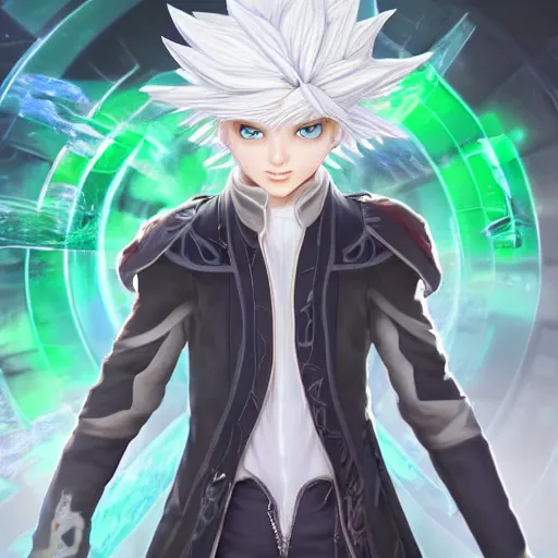 Image similar to a white haired green eyes boy casting a spell. character design. intricate. gesture drawing. line of action. official art, unreal engine 5, unreal engine. tetsuya nomura. medium shot. ray tracing hdr. 8 k. uhd. sharp focus. highly detailed. masterpiece. anime render. cinematic lighting. lifelike. symmetrical face. beautiful face
