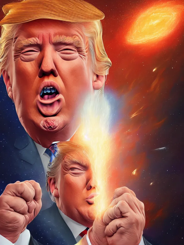 Prompt: Portrait of Donald Trump reaching enlightenment and becoming one with the universe, highly detailed, concept art, illustration, cinematic, artstation, digital painting, mystical, zen