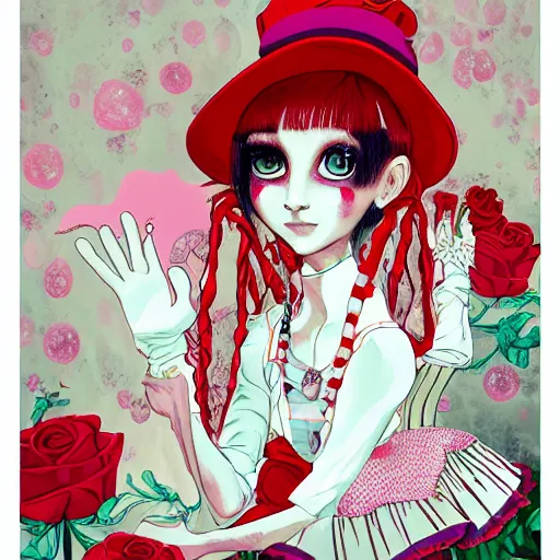 Image similar to Alice in Wonderland at the tea party, she looks like a mix of grimes and zoë kravitz, very long fingernails, childlike, hair and dress billowing dramatically in the wind, wearing heaving stacks of pearl necklaces, surrounded by red and white roses, digital illustration, inspired by a stylistic blend of Æon Flux by Peter Chung, Japanese shoujo manga, and murals by Shepard Fairey, hyper detailed!!! dreamlike, otherworldly and ethereal!!!!, delicate, flower petals, super photorealistic!! extremely fine inking lines, gradient colors