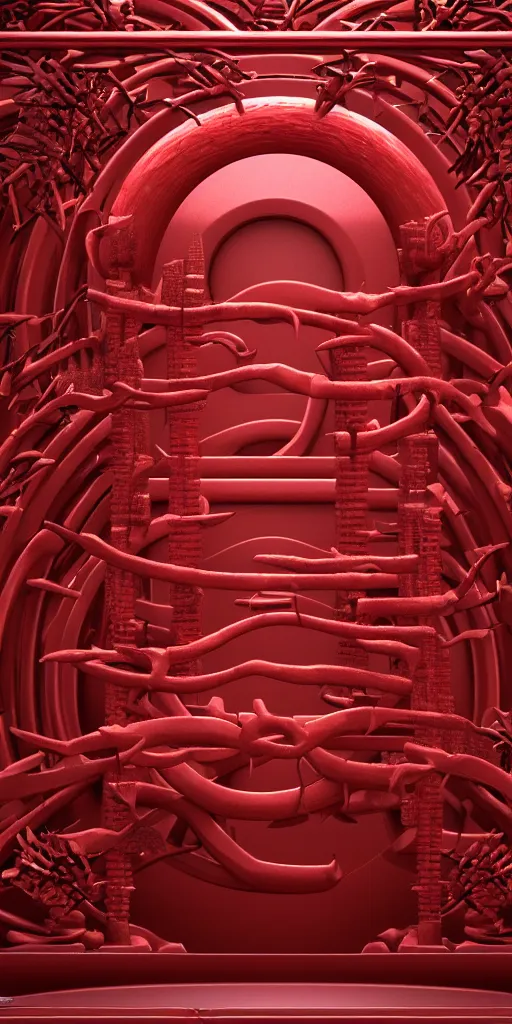 Image similar to 3 d render of a carved red torii gate sculpture, chrometype, made of liquid metal, neotribal with thorns and thunders, japanese temple, raytraced, volumetric lightning, 8 k, by zhelong xu, ouchh and and innate studio