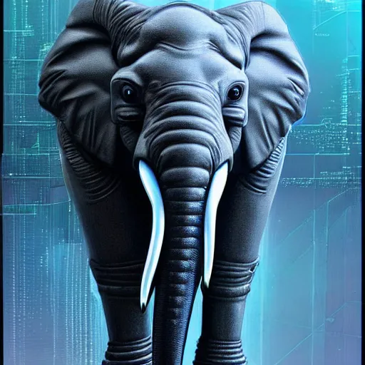 Image similar to hyper realistic cybertronic elephant. high details of body and face. complex realistic mechanical body. blue led. cyberpunk style, natural realistic render, trending on art station, 8 k render alan lee, by artgerm.