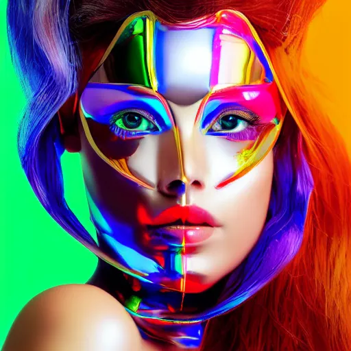 Prompt: portrait of a beautiful android woman, futuristic, chrome and colorful,