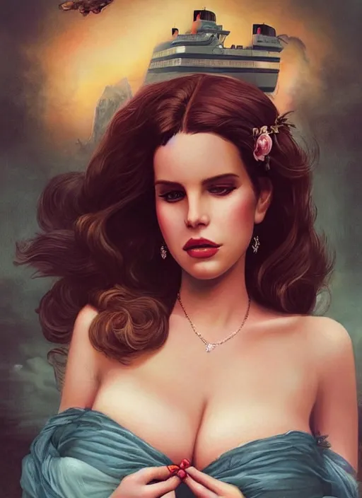Prompt: lana del rey as a heroine with a dress inspired by the titanic, holding her chest firmly, really large bosum, digital photo, ambient lighting, smooth, sharp focus, illustration, in - frame, centered, art by artgerm and donato giancola and joseph christian leyendecker, ross tran, wlop