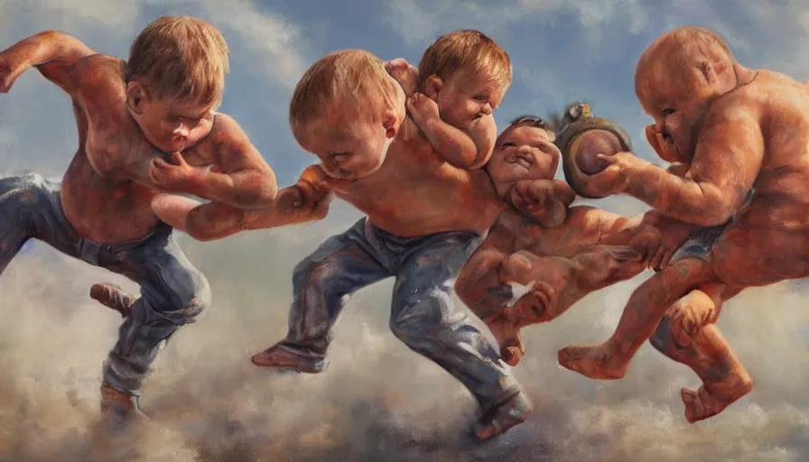 Prompt: photo - realistic painting of giant man - babies battling