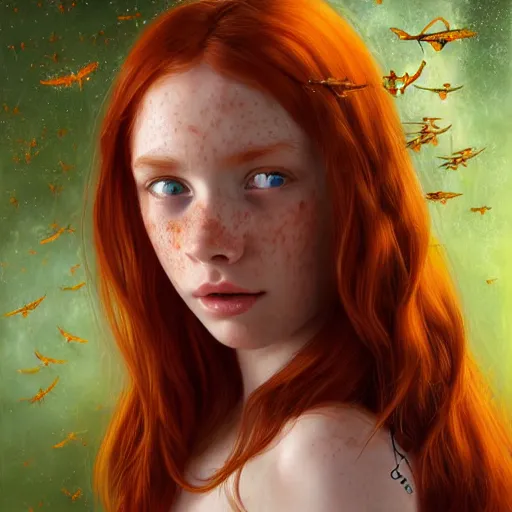 Prompt: a highly detailed, hyper realistic, red haired girl, with long hair, green eyes, hint of freckles, gentle face, cheeky smile, among golden fireflies, deep focus, elegant, digital painting, smooth, sharp focus, golden ratio, illustration, ultra realistic, 8 k, art by artgerm and caravaggio