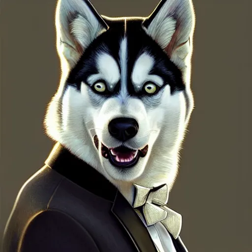 Image similar to beautiful detailed picture of a husky dressed in a tuxedo, intricate, elegant, highly detailed, my rendition, digital painting, artstation, concept art, smooth, sharp focus, illustration, art by artgerm and greg rutkowski and alphonse mucha