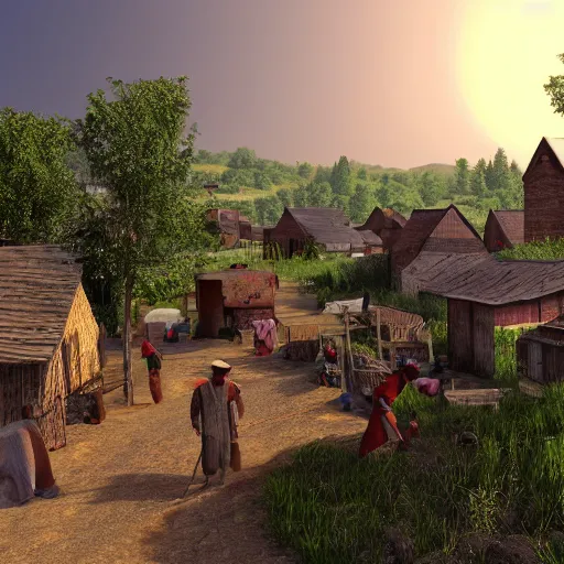 Image similar to A busy village with working peasants, Realistic, HDR, Clear Image, HDD, Dynamic lighting,