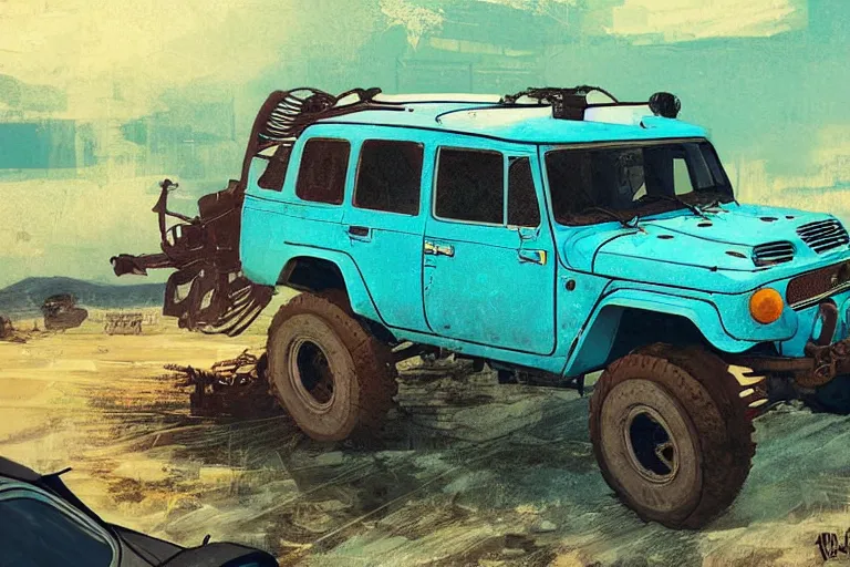 Prompt: digital illustration of a faded cyan mad max's fj 4 0 decrepit!!!! pursuit special, rusty!!! cyberpunk nissan fj cruiser heavily modded 1 9 9 0 s, the last v 8 interceptor by makoto shinkai, ilya kuvshinov, lois van baarle, rossdraws, basquiat