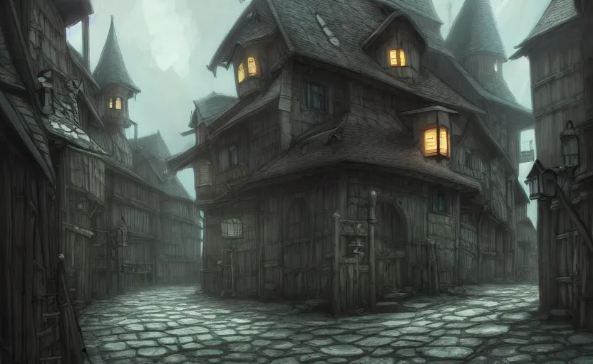 Image similar to beautifully drawn concept art of an old medieval mystic town : : art by hayao miyazaki and studio ghibli : : dramatic mood, overcast mood, dark fantasy environment : : trending on artstation, unreal engine, digital art