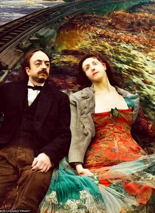 Image similar to detailed colourful masterpiece of photography by anne leibovitz couple portrait sat down extreme closeup, love, inside an underwater train, detailed realistic expressions, wearing unusual clothes, by ford madox brown and william powell frith and frederic leighton, ultra wide angle