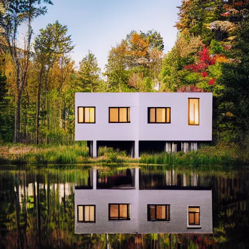 Prompt: wes anderson style modern futuristic house near the lake and forest, cinematic, realism, photo, hd