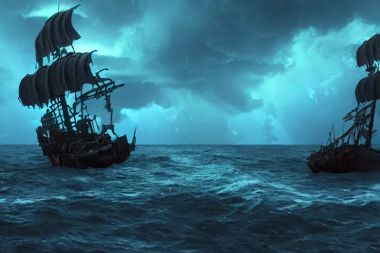 Image similar to a wrecked pirate ship on the reef, storm, lightnings, dark atmosphere, by John Howe, 4K, unreal engine 5, teal and dark blue color scheme