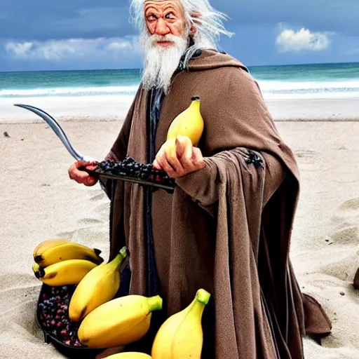 Prompt: gandalf covered in raisins and sliced bananas on the beach