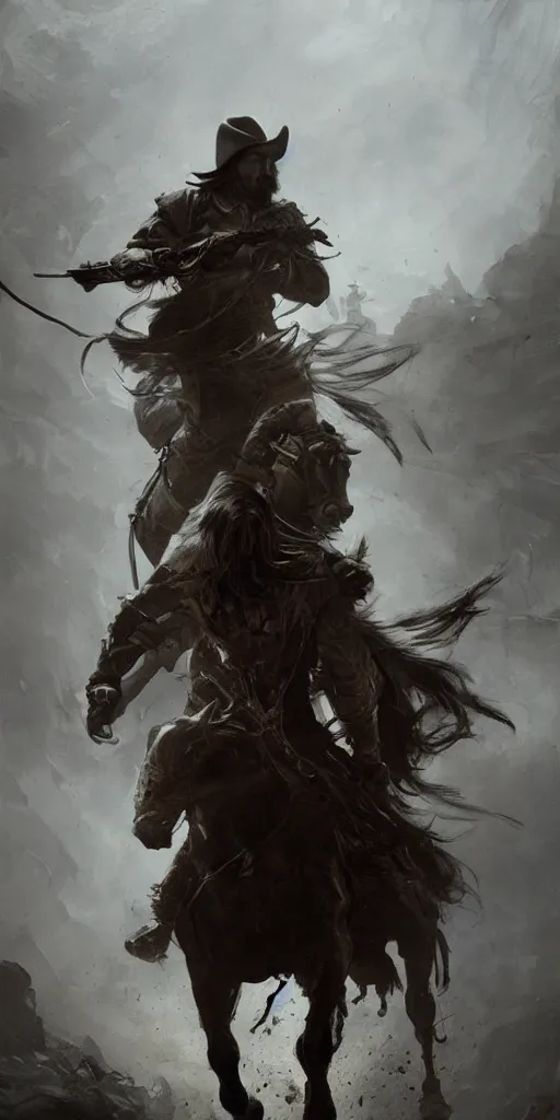 Prompt: cowboy on a horse. Dark fantasy. Mysterious and horror. trending on artstation, high detail, masterpiece, in the style of Ruan Jia and Brad Rigney