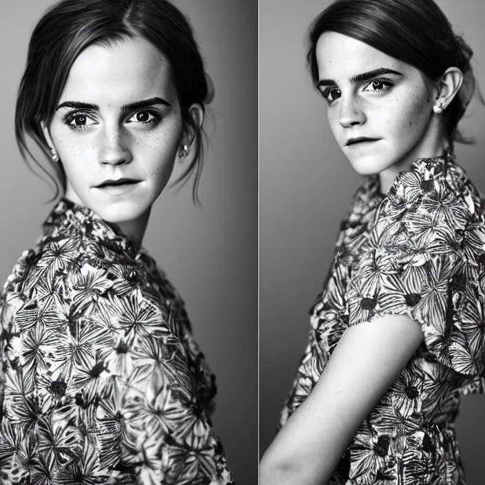 Image similar to a portrait of Emma Watson wearing batik dress, by Charlotte Grimm, natural light, detailed face, CANON Eos C300, ƒ1.8, 35mm, 8K, medium-format print