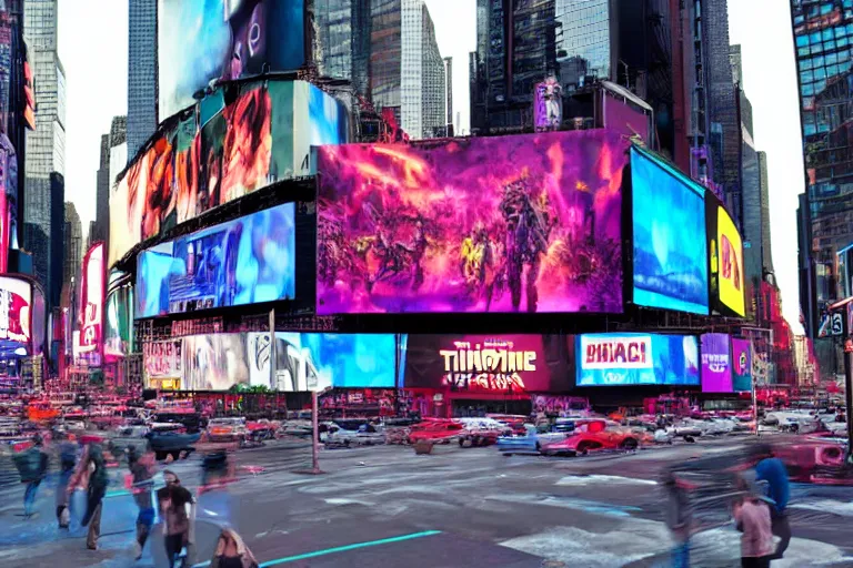 Prompt: photo of a billboard on times square, screen shows band name is tripmachine, realistic digital art, on the screen is a 3 d render of a huge futuristic steampunk generator, 8 k, fluorescent colors, halluzinogenic, multicolored, exaggerated detailed, unreal engine