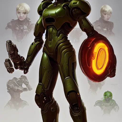 Prompt: Doom guy resembling Samus , made by Stanley Artgerm Lau, WLOP, Rossdraws, ArtStation, CGSociety, concept art, cgsociety, octane render, trending on artstation, artstationHD, artstationHQ, unreal engine, 4k, 8k,