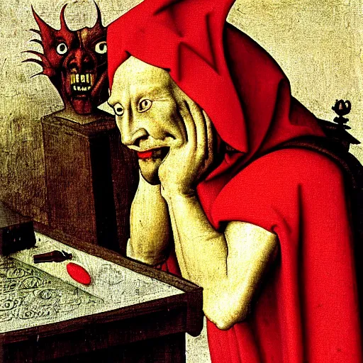 Image similar to red devil gargoyle on a conference call, Medieval painting by Jan van Eyck, Hieronymus Bosch, Florence