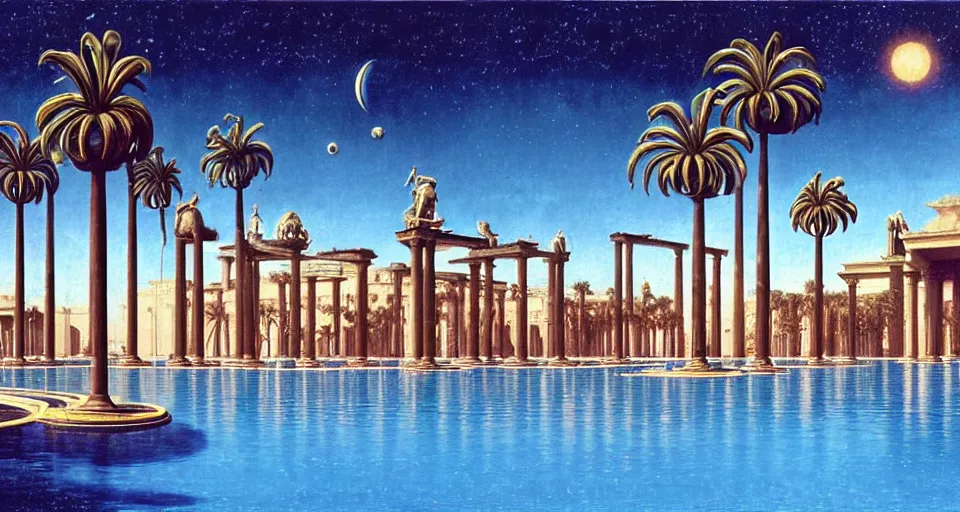 Image similar to a large tiled swimming pool with many palm trees surrounded by roman architecture columns and statues, underneath a star filled night sky, harold newton, zdzislaw beksinski, donato giancola, warm coloured, gigantic pillars and flowers, maschinen krieger, beeple, star trek, star wars, film, atmospheric perspective