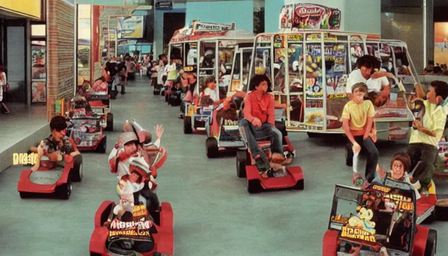 Prompt: 1990s photo of inside the Boring News Grown up errands ride at Universal Studios in Orlando, Florida, children riding on tiny ice cream truck go-carts through a fake corporate office , slime monster, flying soccer balls, business men, cinematic, UHD