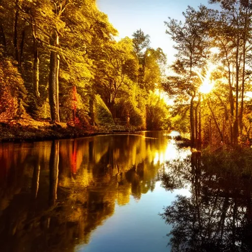 Prompt: river in a forest, golden hour, ray tracing reflection, 8k, hyper realistic, insainly detailed, hdr, octan render,