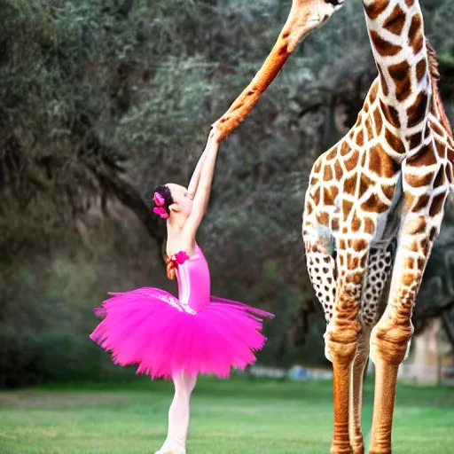 Image similar to professional photography of a giraffe ballet dancer in a tutu on the savannah