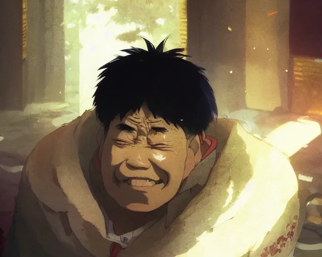 Image similar to a 50 year old brunnete chinese man with puffy cheeks bursting in tears on the floor, close up shot, anime art, Greg Rutkowski, studio ghibli, dramatic lighting